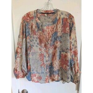 Pilcro Sheer Patchwork Button Up Blouse Top M 3/4‎ Balloon Sleeve Oversized ASO
